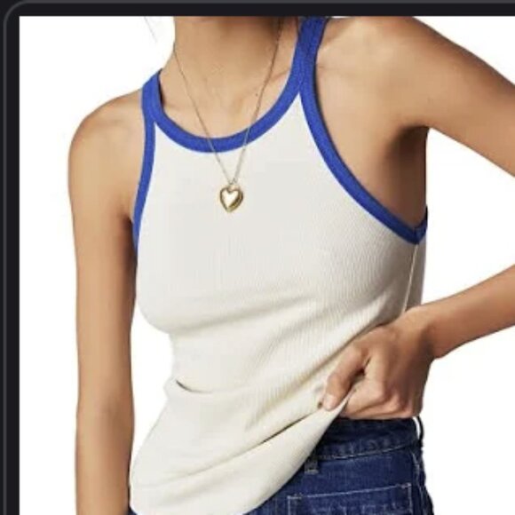 Free People White Tank Top with Blue Trim - Picture 1 of 6